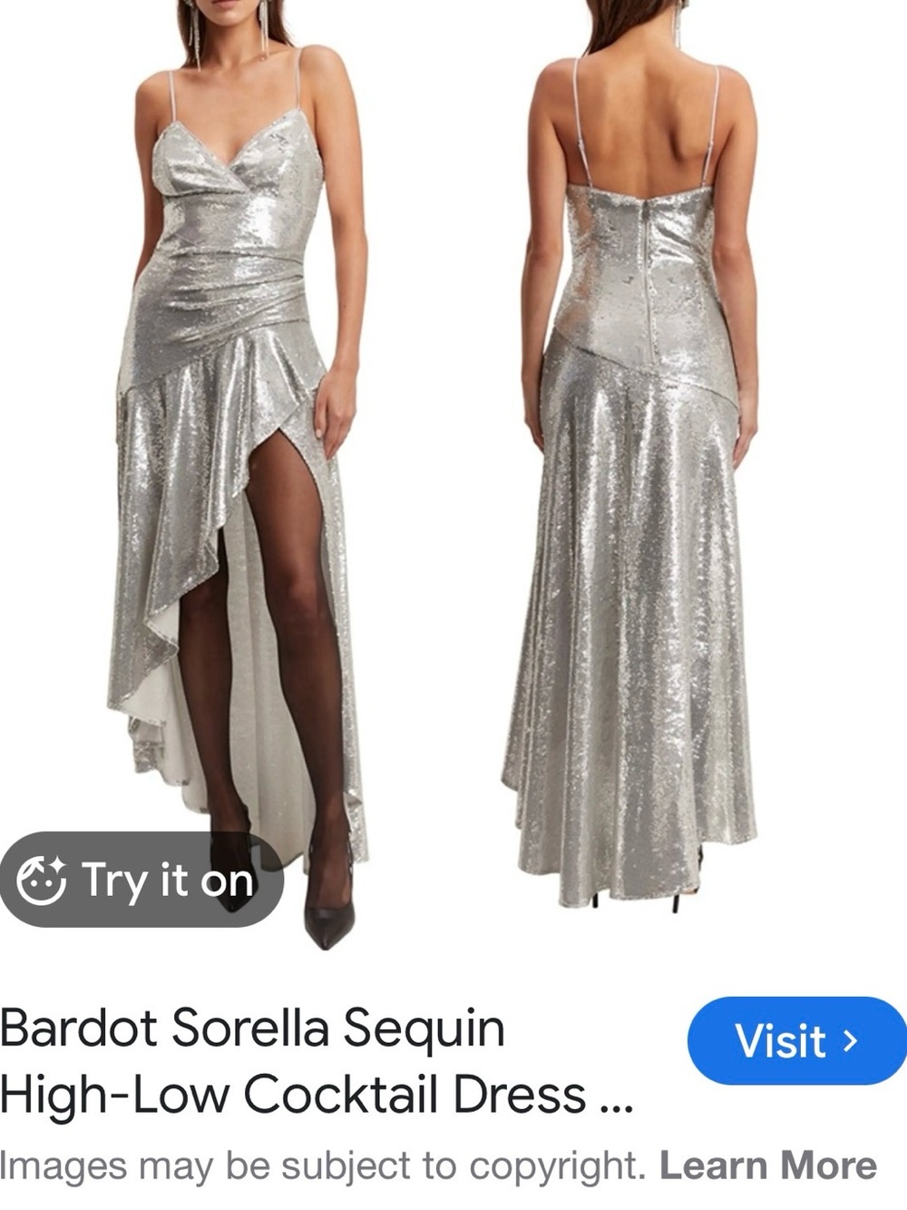 Bardot Silver Sequin Draped High-Low Evening Dress size Large